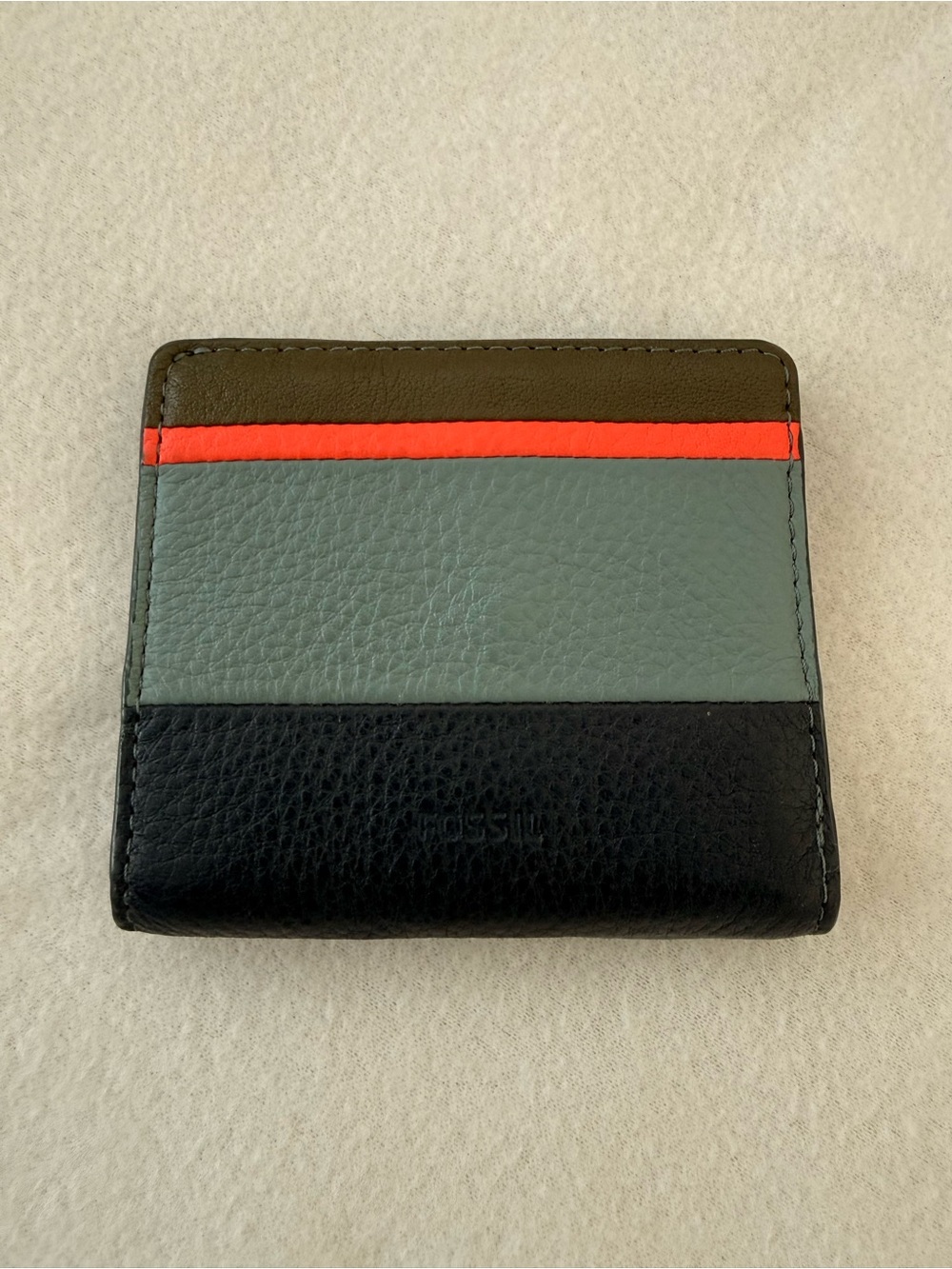 Fossil Colorblock Leather Bifold Wallet in Black, Olive, Gray with Orange Accent